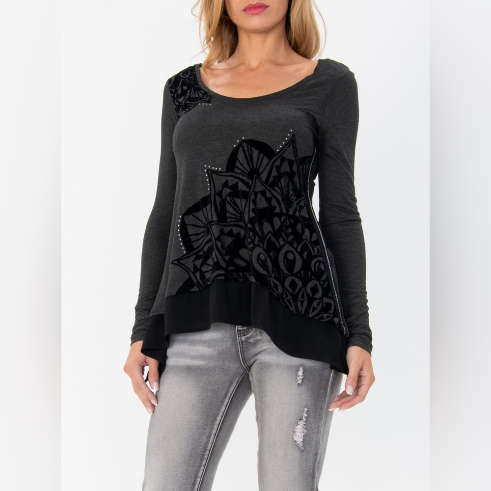 Desigual Blouse Womens Small Black Floral Sullivan Long Sleeve Goth Grunge Y2K
